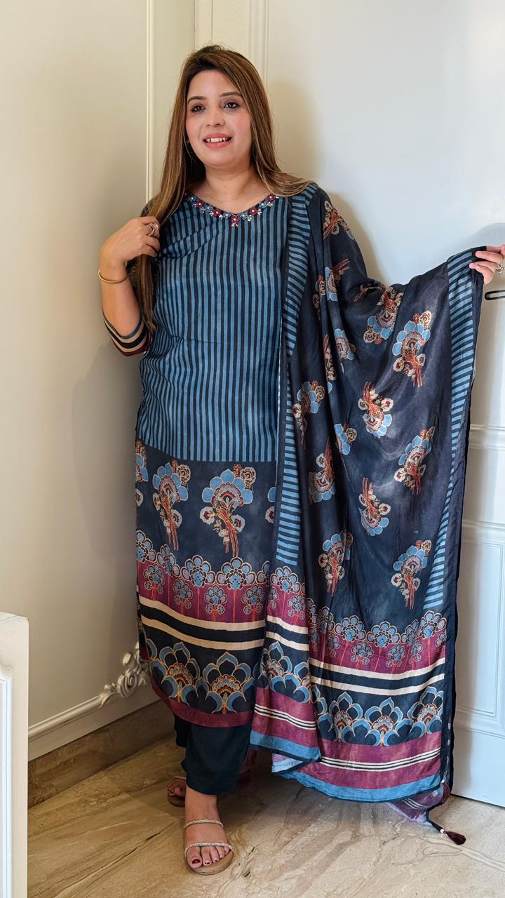 Inara Royale Maslin Suit Set- Blue & Red